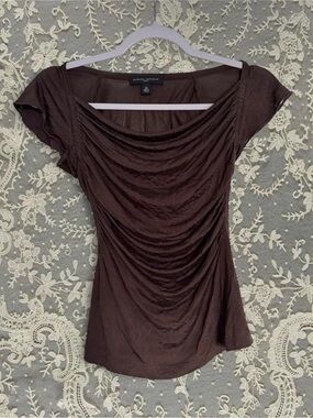 Vintage 2005 Banana Republic Silk Brown Ruched Blouse Flutter Sleeve Coquette